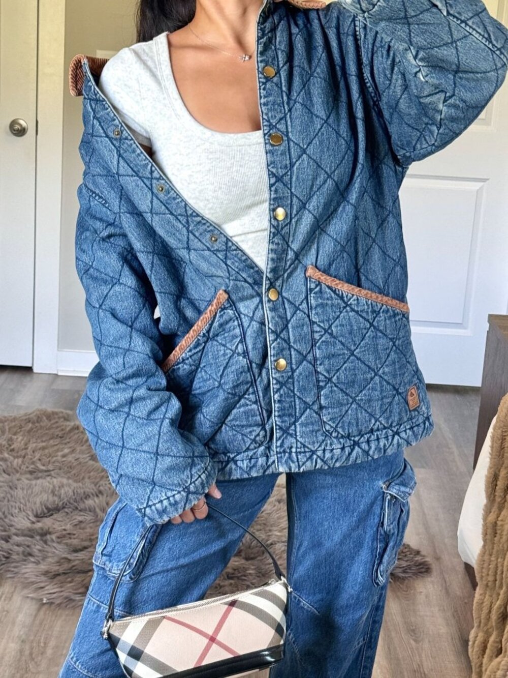 Vintage Ralph Lauren Quilted Denim Barn Chore Coat Womens Large Corduroy Collar - Picture 3 of 11